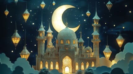 A paper cut mosque with a crescent moon above, framed by intricate patterns and a softly glowing night sky, creating a serene and elegant scene.