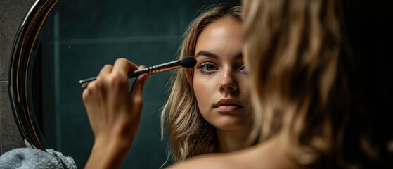 Obraz premium [Close-up woman applying makeup daily] Intense Makeup Application Close-up: Woman's Hands at Work