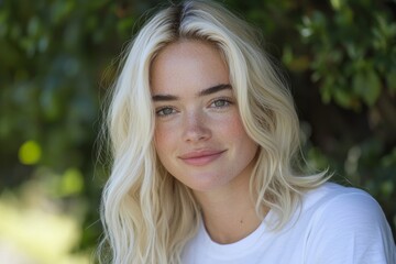 Fototapeta premium Beautiful blonde woman with curly hair, healthy complexion, and natural makeup in a close-up portrait