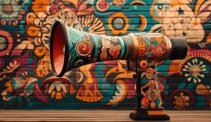 Fototapeta premium Colorful Decorative Megaphone Against Vibrant Floral Mural Background