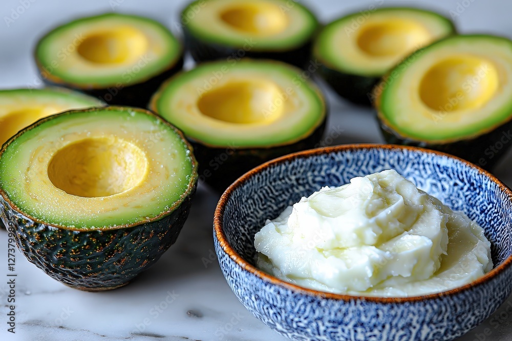 Poster a playful collection of avocados with repeated pattern on vibrant background