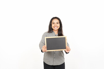 Naklejka premium Smiling Woman Holding Chalkboard in Studio Of Beautiful Asian Woman Isolated On White Background