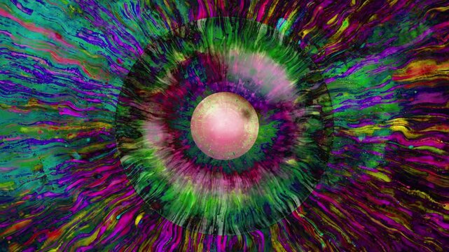 Close-up of a human iris with psychedelic multicolored patterns