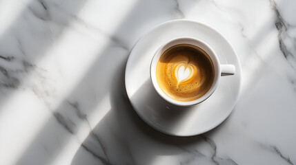 Coffee with Heart: A creamy espresso latte art heart on a white marble table bathed in soft light.