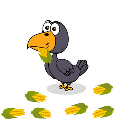 Raven eating an ear of corn in a field on white background - vector