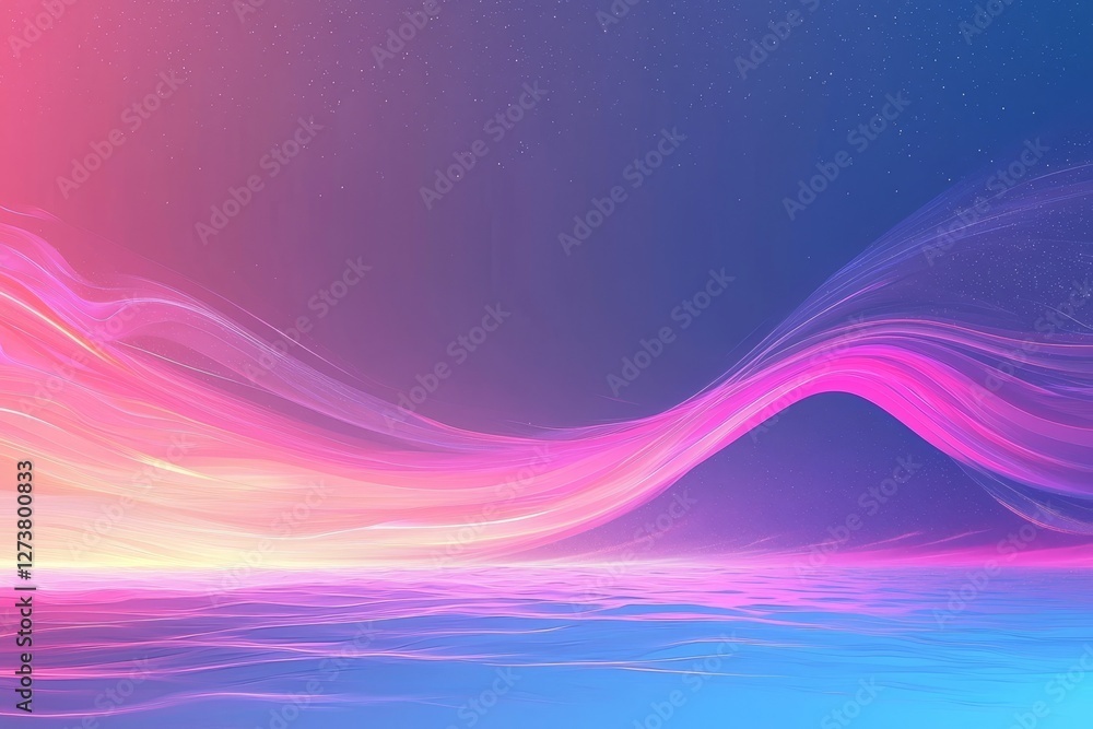Poster an abstract fluid iridescent holographic curved wave in motion, presented in a colorful 3d render wi
