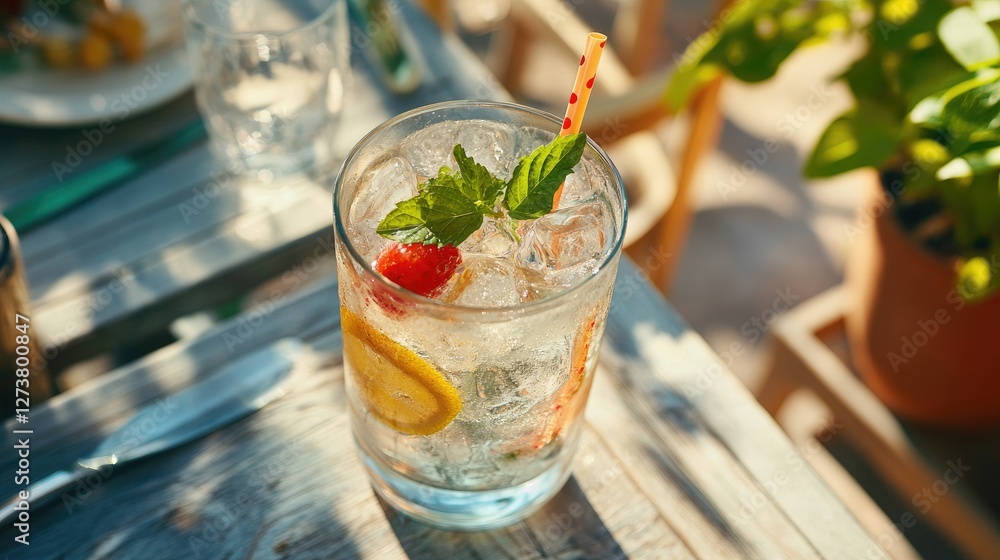 Poster a high-angle view of a refreshing sparkling soda served with a colorful garnish on a sunny patio tab