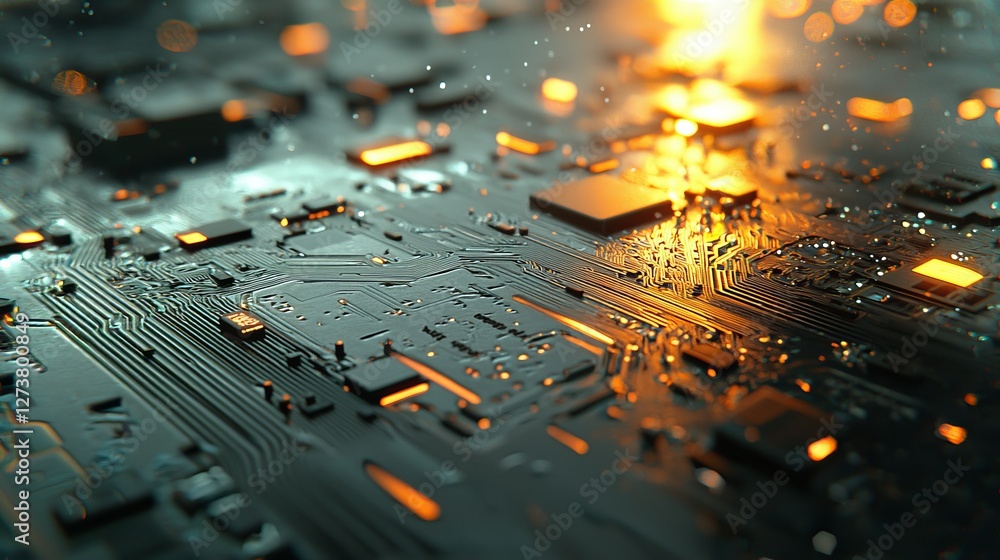 Poster an abstract technological background composed of various element printed circuit boards
