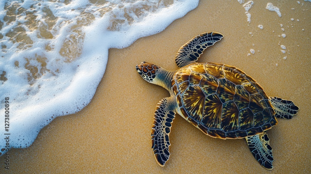 Poster a high-angle view of a sea turtle resting on a sandy beach, with its shell blending into the beach e