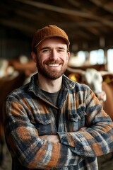 Fototapeta premium Portrait of a Smiling Farmer with Cows in the Background on a Rural Farm Setting