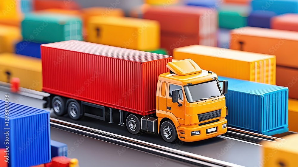 Poster a vibrant orange truck transporting a red container amidst a colorful array of shipping containers i