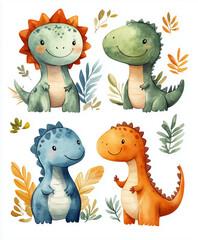 Obraz premium Four Adorable Watercolor Dinosaurs with Tropical Leaves