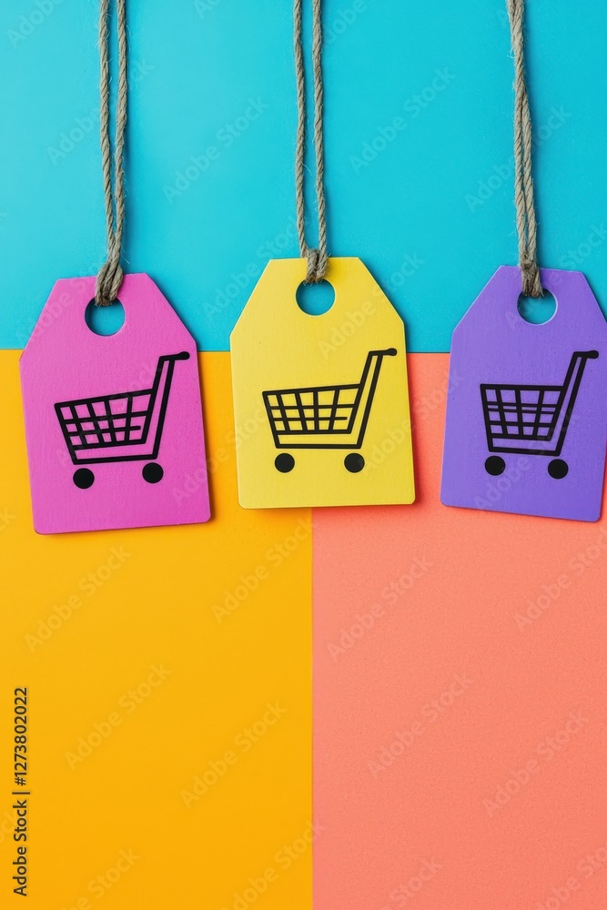 Poster three shopping tags hanging from a string, each with a shopping cart on it