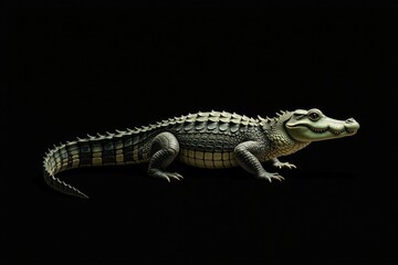 Naklejka premium A juvenile crocodilian reptile, meticulously detailed, is presented against a stark black background, showcasing its scaled texture and powerful stance.