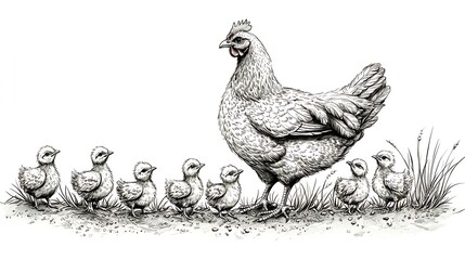 Pen and ink drawing, a mother hen surrounded by chicks in a grassy field, detailed feather patterns on each bird, blades of grass illustrated with fine stippling, a textured earth beneath their feet