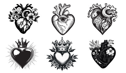 Fototapeta premium Vintage heart tattoo designs collection isolated illustration, vector set