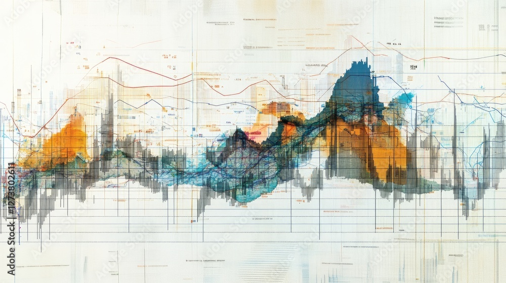 Poster a macro view of financial graphs showing currency fluctuations and global trade patterns, with highl