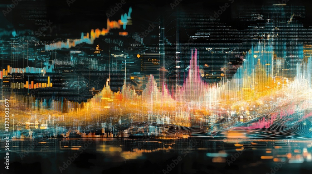 Poster a macro view of financial graphs showing currency fluctuations and global trade patterns, with highl