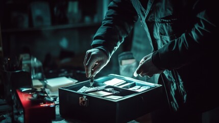 Detective examining a suspicious briefcase at a crime scene. Featuring investigation and suspicion
