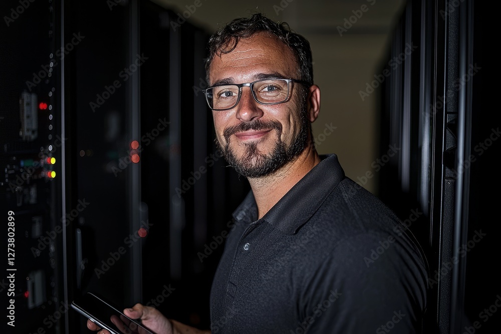 Poster a portrait of a man with a tablet is seen in a server room where an engineer or technician is workin