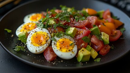 Colorful Salad with Boiled Eggs, Fresh Vegetables, and Herbs