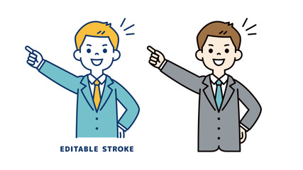 笑顔で目標を指さす、若いビジネスマンのベクターイラスト素材＿線幅の編集可能
