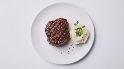 A minimalistic presentation of a steak on a white plate, garnished with a small side of mashed potatoes and a few sprigs of green, set against a plain white backdrop.