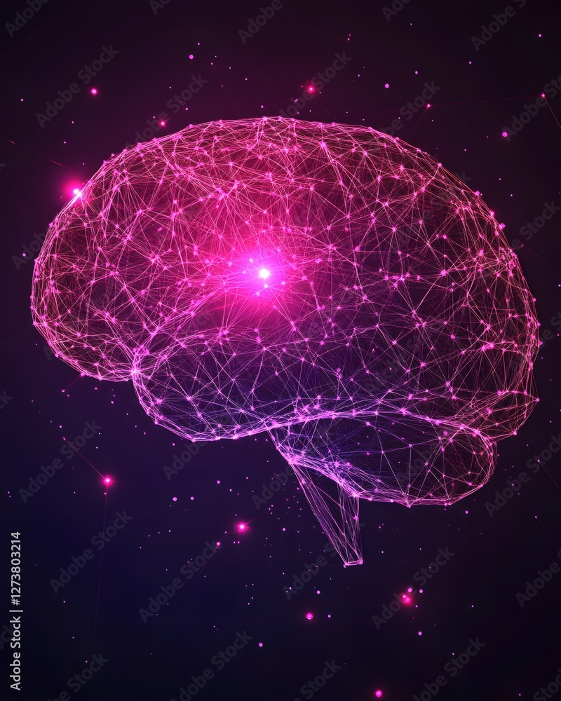 Poster abstract digital brain with glowing pink network connections and artificial intelligence concept