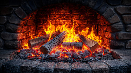 roaring fire in stone fireplace creates warm and inviting atmosphere, with vibrant flames dancing around logs and glowing embers