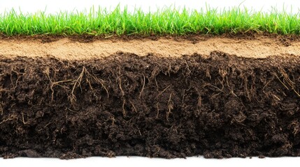 Layers of Soil with Green Grass and Roots in a Cross Section on White Backdrop
