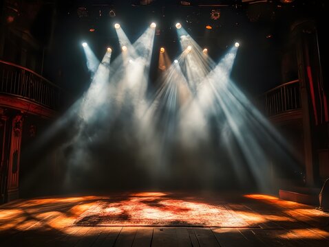 Dramatic stage with bright spotlights shining through smoke creating a captivating atmosphere
