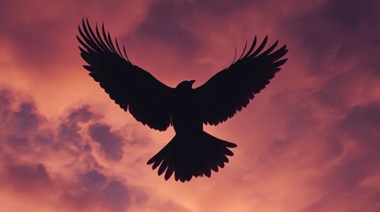 A powerful image of a bird in flight, captured as a silhouette against a dramatic sunset sky, highlighting the wingspan and motion of the bird.