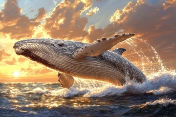 Obraz premium Majestic whale jumping out of the water against a clear blue sky and vibrant ocean