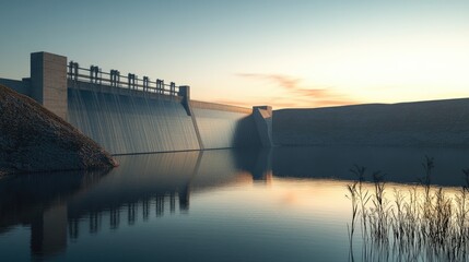 Fototapeta premium A serene image of a large water reservoir behind a dam, with calm, reflective water and the dam's imposing structure visible in the distance under soft lighting.