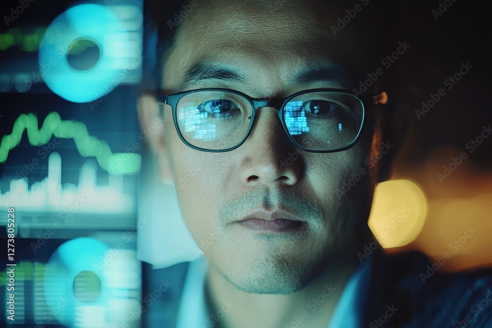 Poster during the night, a businessman works on data analysis using a computer and a coding hologram, surro