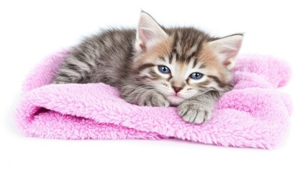 Gray Tabby Kitten Resting Comfortably On A Soft Pink Blanket Against White Background