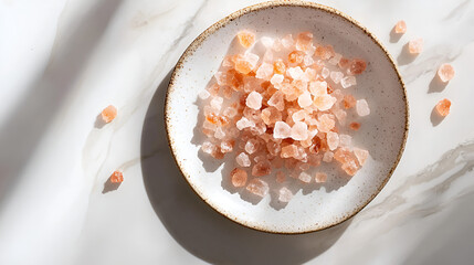 Pile of delicate pink salt crystals in a shallow ceramic bowl on a cool marble backdrop in bright sunlight.
