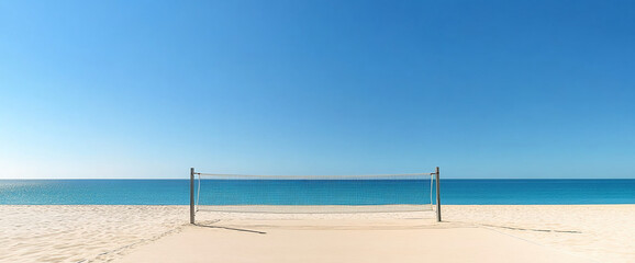 Beach volleyball net standing on a deserted sandy beach by the ocean with a clear blue sky, symbolizing a tranquil vacation, sports, and outdoor leisure activities.