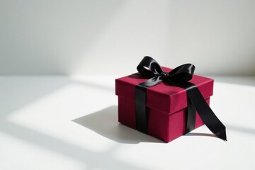 Obraz premium A Crimson Gift Box Adorned with a Black Ribbon, Bathed in Sunlight on a Pristine Surface