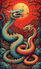 Fototapeta premium Vivid illustration of two intertwined dragons against a vibrant sunset, symbolizing harmony and balance in nature. Ideal for fantasy themes and cultural art projects.