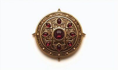 Fototapeta premium Ornate circular brooch with red gemstones, displayed against a white background, emphasizing its intricate design