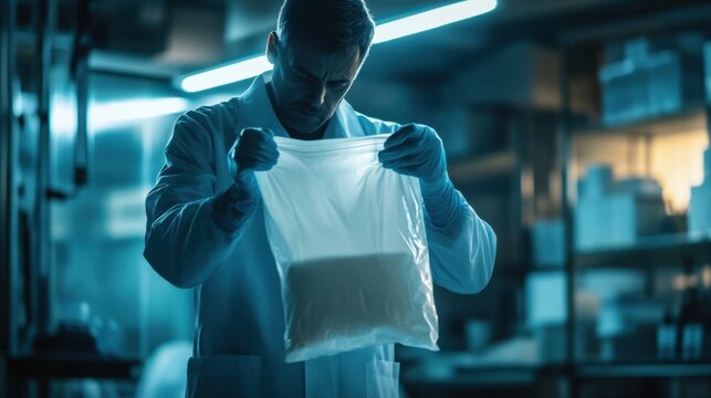 Detective handling a sealed evidence bag in a secure environment. Featuring investigation and caution