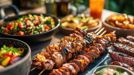 A vibrant barbecue setup with a variety of grilled meats, including kebabs and chicken wings, served alongside colorful side dishes and beverages on a sunny patio.