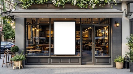 Modern Coffee Shop Front Featuring Blank Sign for Advertisement Mockup, generator AI