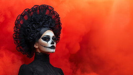 woman in dramatic black outfit and skull makeup poses against vibrant orange background, showcasing striking and artistic look