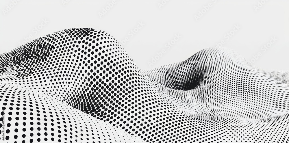 Poster a modern representation of technology, science, and music is a 3d curve with a halftone black gradie
