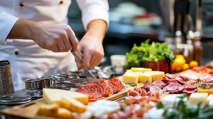 Chef Preparing Charcuterie Board Cutting Salami for Appetizer Arrangement