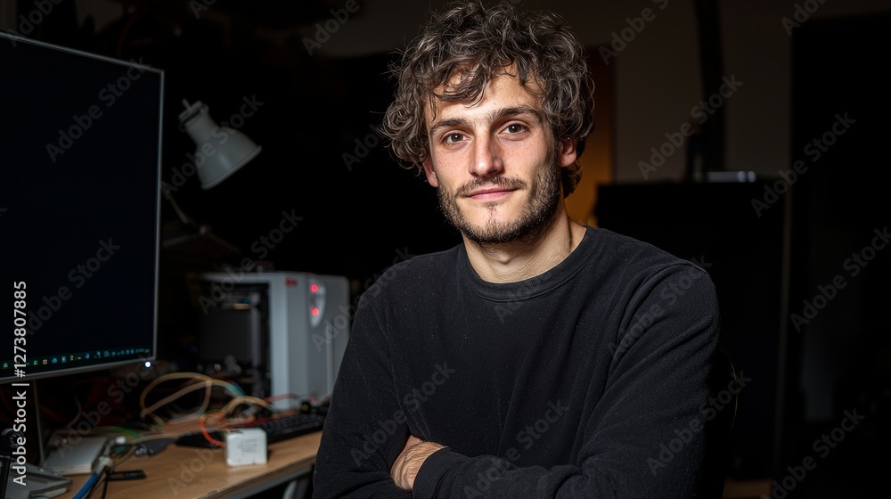 Aufkleber a man who writes code is cheerfully working on computers in his office