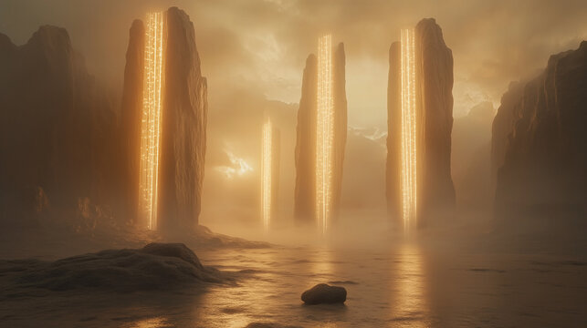 Mysterious Alien Artefacts, Misty Ethereal Glowing Monolith - AI Generated