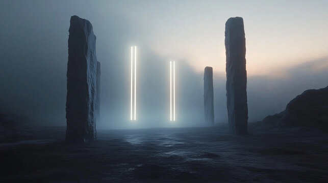 Mysterious Alien Artefacts, Misty Ethereal Glowing Monolith - AI Generated